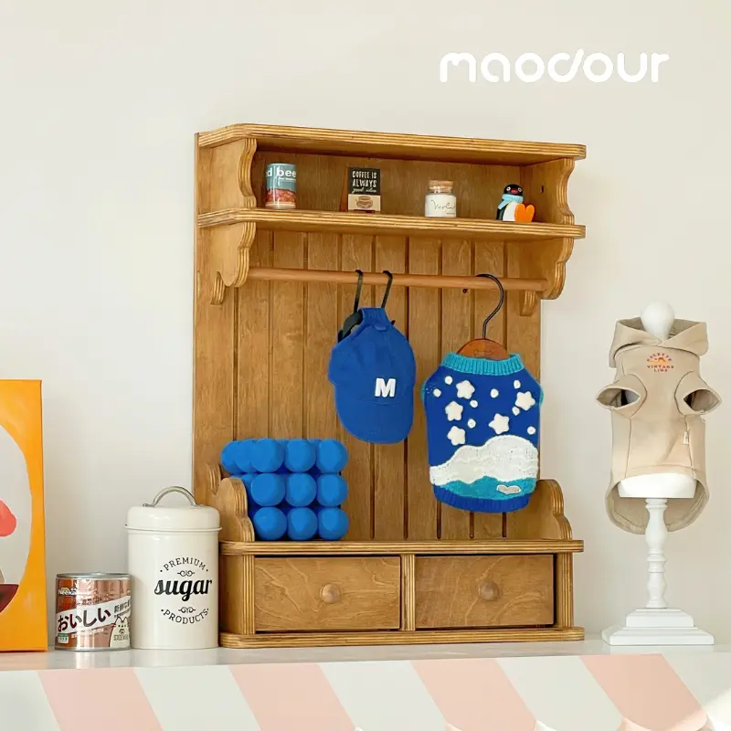 wooden pet clothes organizer - Vintage Wooden Pet Wardrobe Shelf with Drawers